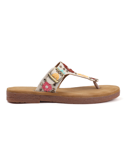 Floral Buckle Flats With Toe-Ring in White