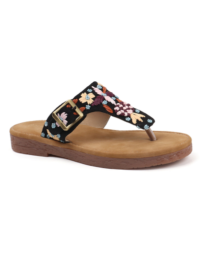 Floral Trail Buckled Toe-Ring Flats in Black