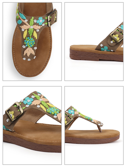 Floral Trail Buckled Toe-Ring Flats in Brown