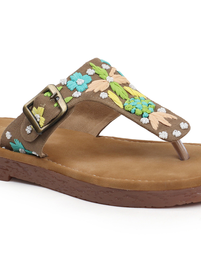 Floral Trail Buckled Toe-Ring Flats in Brown
