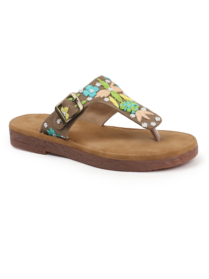 Floral Trail Buckled Toe-Ring Flats in Brown