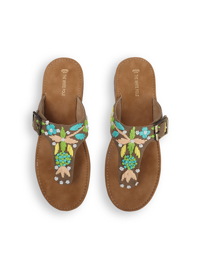 Floral Trail Buckled Toe-Ring Flats in Brown