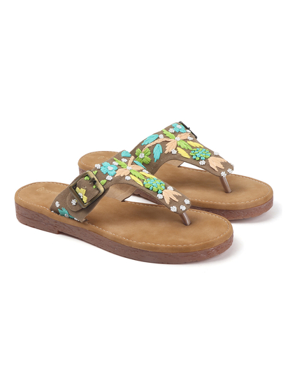 Floral Trail Buckled Toe-Ring Flats in Brown