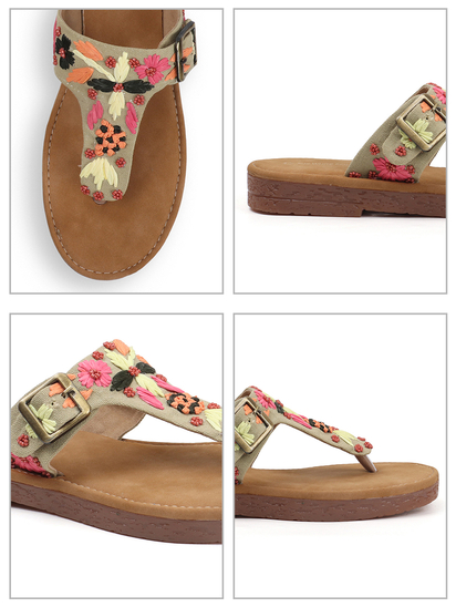 Floral Trail Buckled Toe-Ring Flats in Green