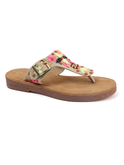 Floral Trail Buckled Toe-Ring Flats in Green