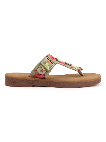Floral Trail Buckled Toe-Ring Flats in Green
