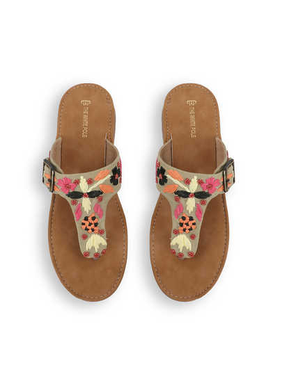 Floral Trail Buckled Toe-Ring Flats in Green