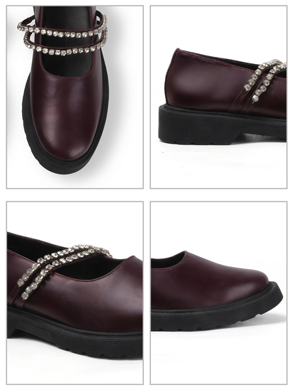 Luxe Mary Janes With Dual Crystal Straps in Maroon