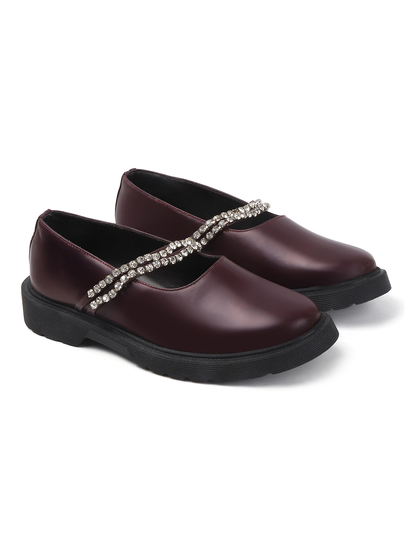 Luxe Mary Janes With Dual Crystal Straps in Maroon