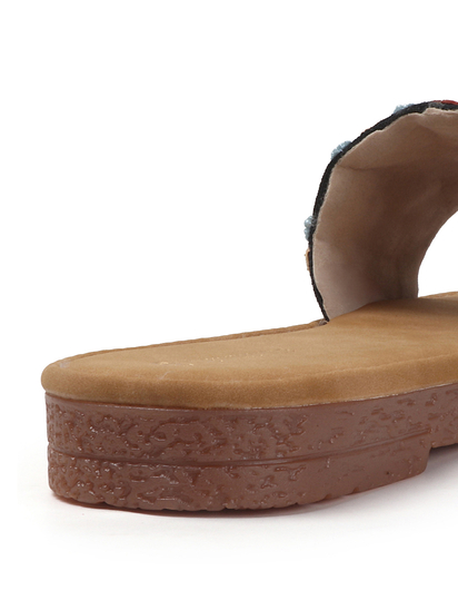 Open-Toe Comfort Slides With Colorful Threadwork Upper in Black