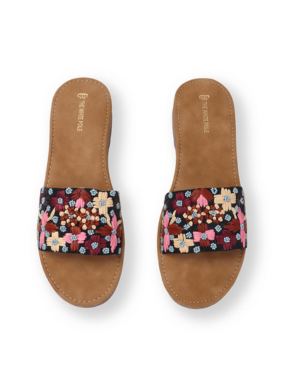 Open-Toe Comfort Slides With Colorful Threadwork Upper in Black