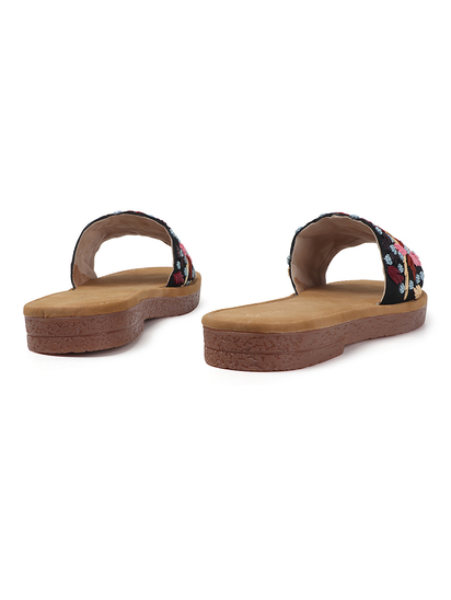 Open-Toe Comfort Slides With Colorful Threadwork Upper in Black