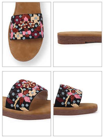 Open-Toe Comfort Slides With Colorful Threadwork Upper in Black