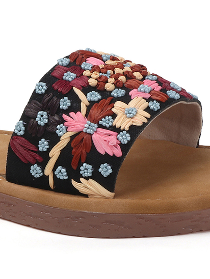 Open-Toe Comfort Slides With Colorful Threadwork Upper in Black