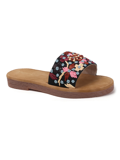 Open-Toe Comfort Slides With Colorful Threadwork Upper in Black