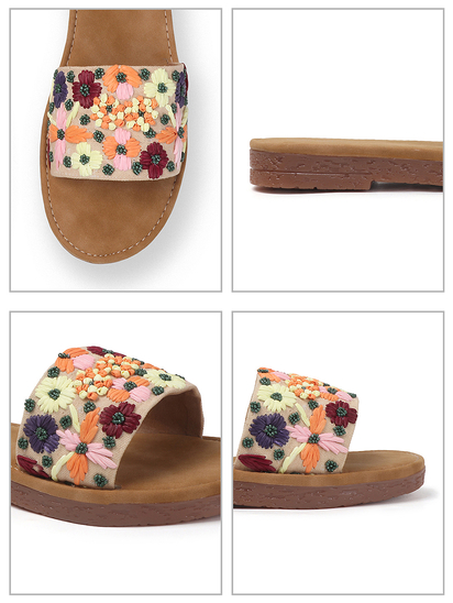 Open-Toe Comfort Slides With Colorful Threadwork Upper in Beige