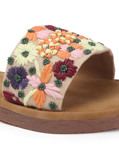 Open-Toe Comfort Slides With Colorful Threadwork Upper in Beige