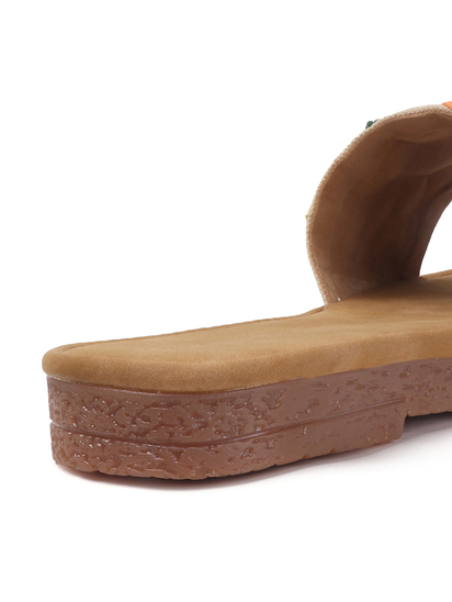 Open-Toe Comfort Slides With Colorful Threadwork Upper in Beige