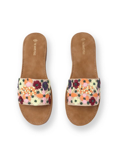 Open-Toe Comfort Slides With Colorful Threadwork Upper in Beige