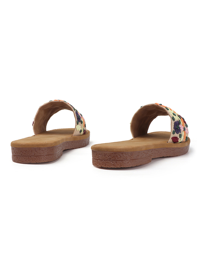 Open-Toe Comfort Slides With Colorful Threadwork Upper in Beige