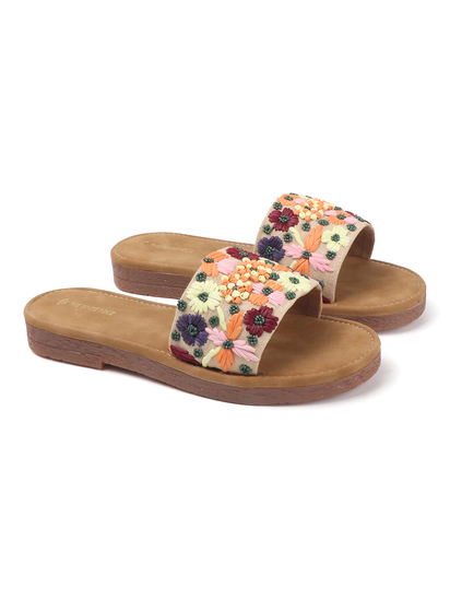 Open-Toe Comfort Slides With Colorful Threadwork Upper in Beige