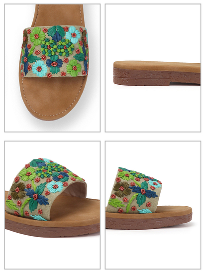 Open-Toe Comfort Slides With Colorful Threadwork Upper in Light Brown