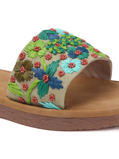 Open-Toe Comfort Slides With Colorful Threadwork Upper in Light Brown