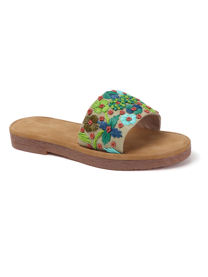 Open-Toe Comfort Slides With Colorful Threadwork Upper in Light Brown