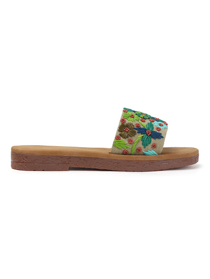 Open-Toe Comfort Slides With Colorful Threadwork Upper in Light Brown