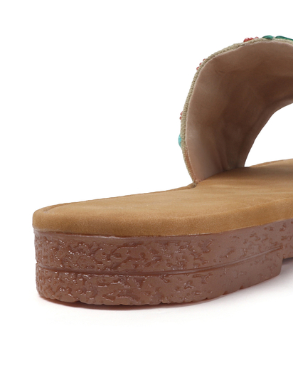 Open-Toe Comfort Slides With Colorful Threadwork Upper in Light Brown