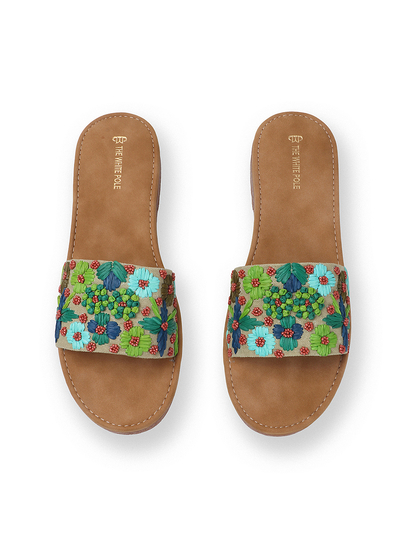 Open-Toe Comfort Slides With Colorful Threadwork Upper in Light Brown