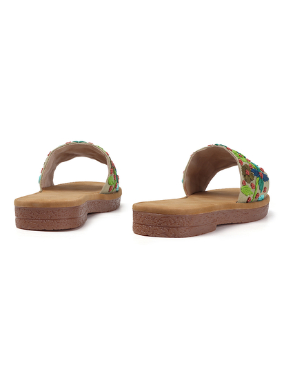 Open-Toe Comfort Slides With Colorful Threadwork Upper in Light Brown