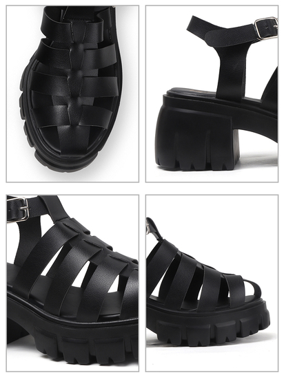 Chunky Gladiator Sandals With Multi-Strap Upper and Heavy Treaded Sole in Black