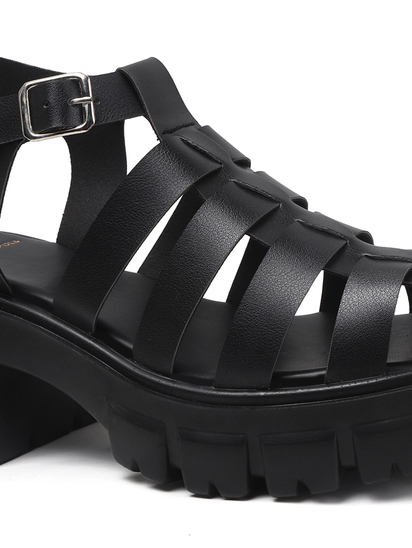 Chunky Gladiator Sandals With Multi-Strap Upper and Heavy Treaded Sole in Black