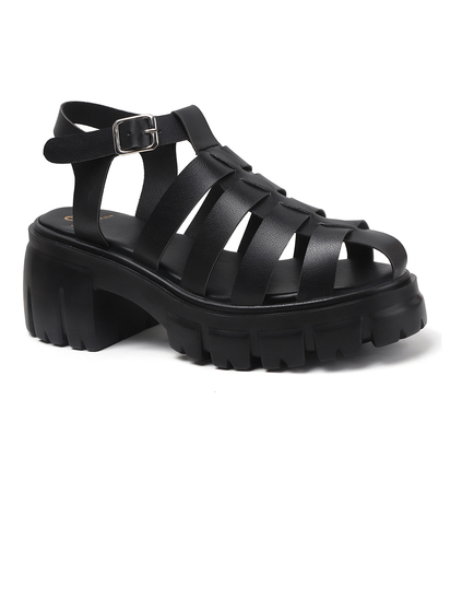 Chunky Gladiator Sandals With Multi-Strap Upper and Heavy Treaded Sole in Black