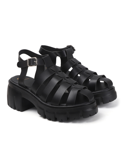 Chunky Gladiator Sandals With Multi-Strap Upper and Heavy Treaded Sole in Black