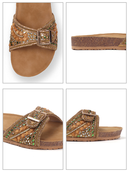 Open-Toe Ethnic Flats with Bead & Stone Detailing in Copper