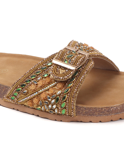 Open-Toe Ethnic Flats with Bead & Stone Detailing in Copper