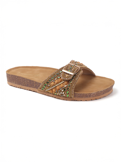 Open-Toe Ethnic Flats with Bead & Stone Detailing in Copper