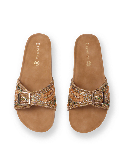 Open-Toe Ethnic Flats with Bead & Stone Detailing in Copper