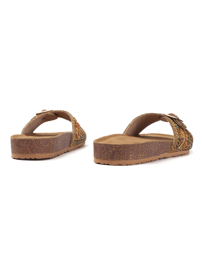 Open-Toe Ethnic Flats with Bead & Stone Detailing in Copper