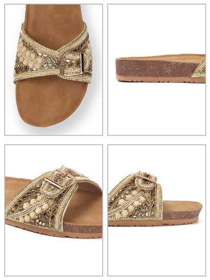 Open-Toe Ethnic Flats with Bead & Stone Detailing in Gold