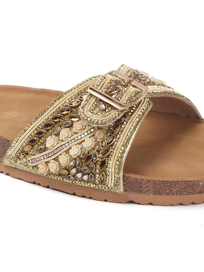 Open-Toe Ethnic Flats with Bead & Stone Detailing in Gold