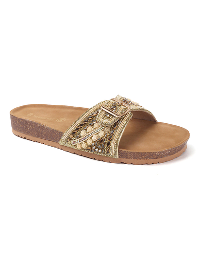 Open-Toe Ethnic Flats with Bead & Stone Detailing in Gold