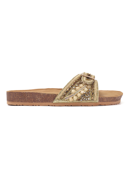 Open-Toe Ethnic Flats with Bead & Stone Detailing in Gold