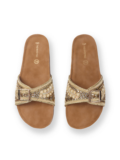 Open-Toe Ethnic Flats with Bead & Stone Detailing in Gold