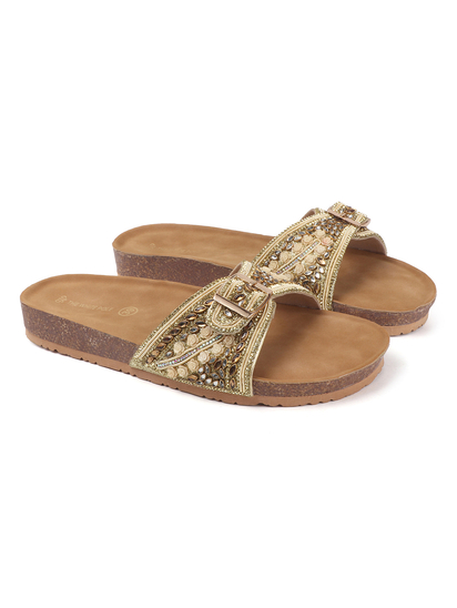 Open-Toe Ethnic Flats with Bead & Stone Detailing in Gold