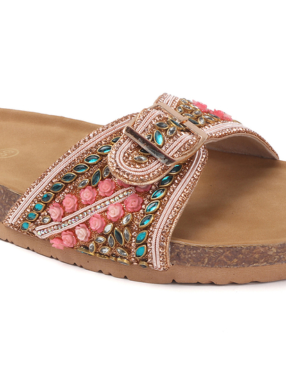 Open-Toe Ethnic Flats with Bead & Stone Detailing in Pink