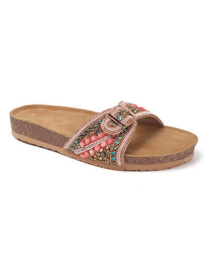 Open-Toe Ethnic Flats with Bead & Stone Detailing in Pink
