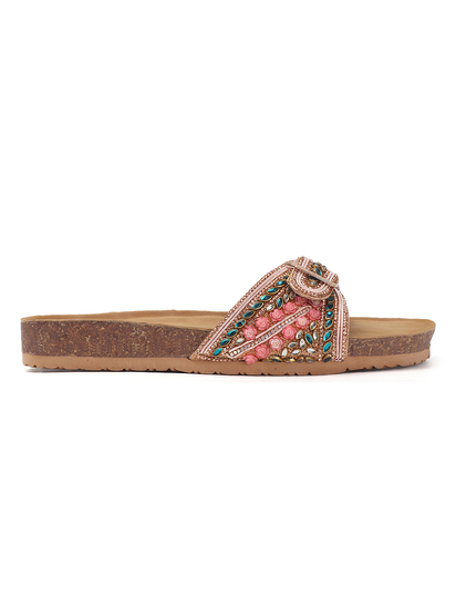 Open-Toe Ethnic Flats with Bead & Stone Detailing in Pink